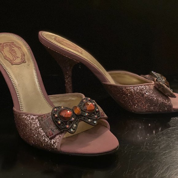 Hale Bob Bo Pink Glitter Heels Rhinestones Jewels Bows 7 Slides - Picture 2 of 7
